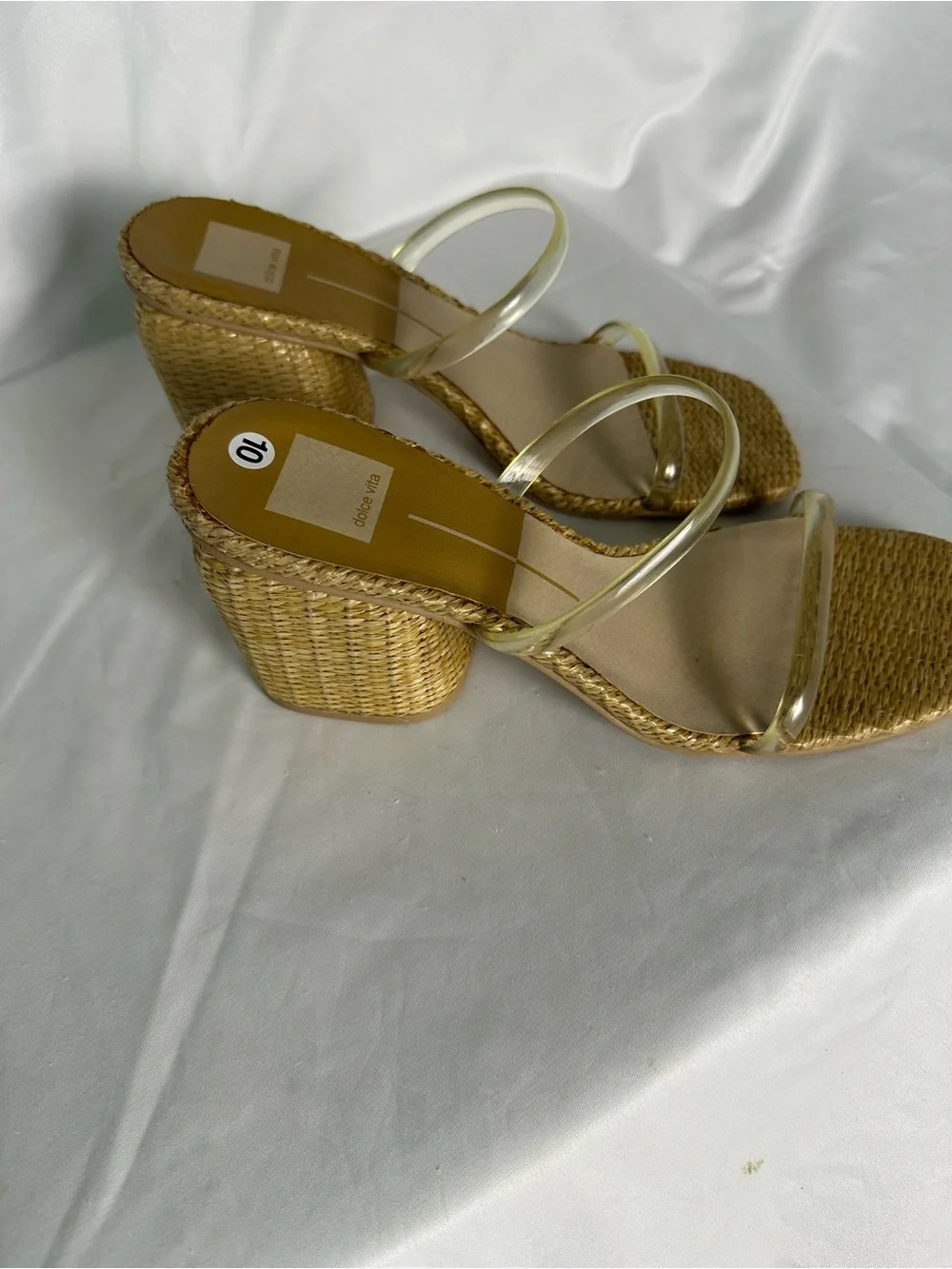 Title EN  Dolce Vita Clear Strap Block Heel Mules Women’s US 10 Natural Raffia